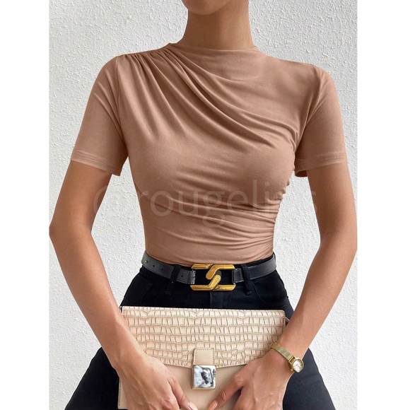 Ruched Tan Asymmetrical Short Sleeve Bodysuit  Stretchy - Picture 2 of 10